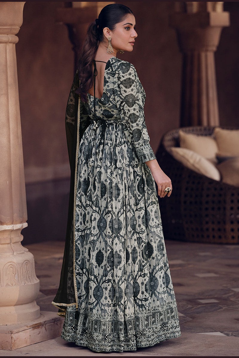 Elegant Forest Green Printed Anarkali Maxi Dress with Dupatta LF