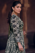 Elegant Forest Green Printed Anarkali Maxi Dress with Dupatta LF