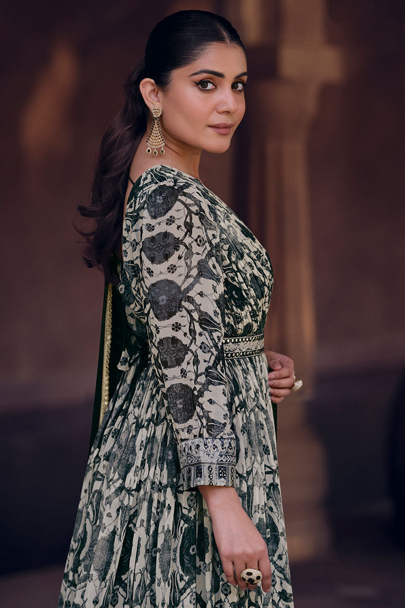 Elegant Forest Green Printed Anarkali Maxi Dress with Dupatta LF