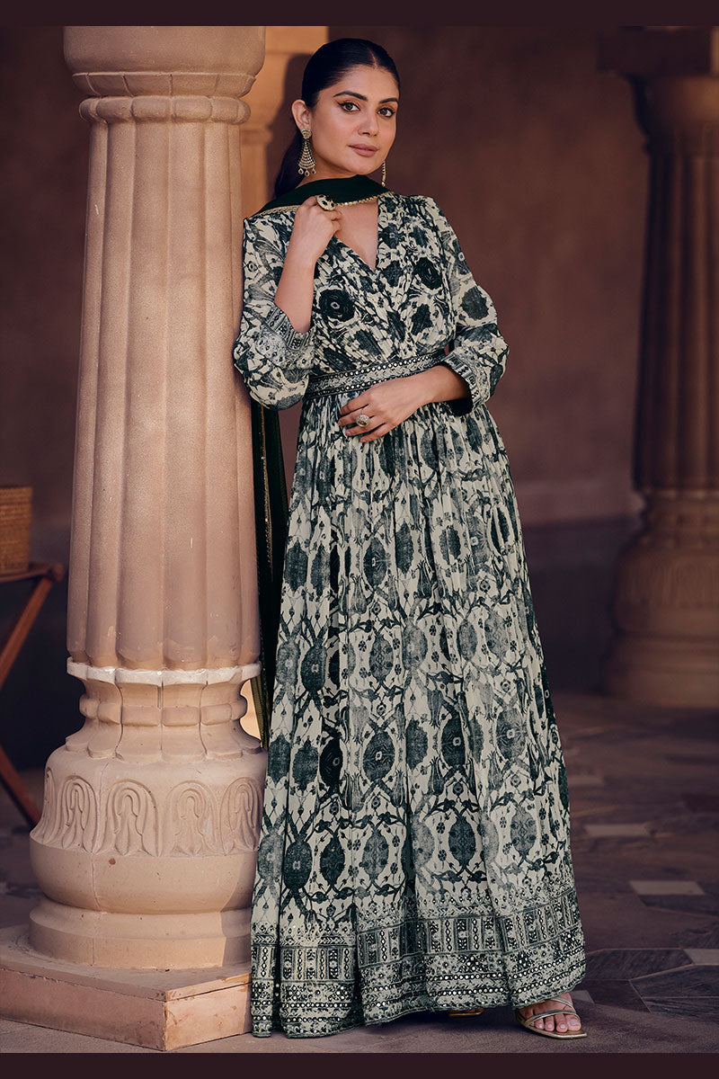 Elegant Forest Green Printed Anarkali Maxi Dress with Dupatta LF