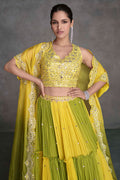 Vibrant Yellow & Olive Mirror Work Lehenga Set with Cape Dupatta LF