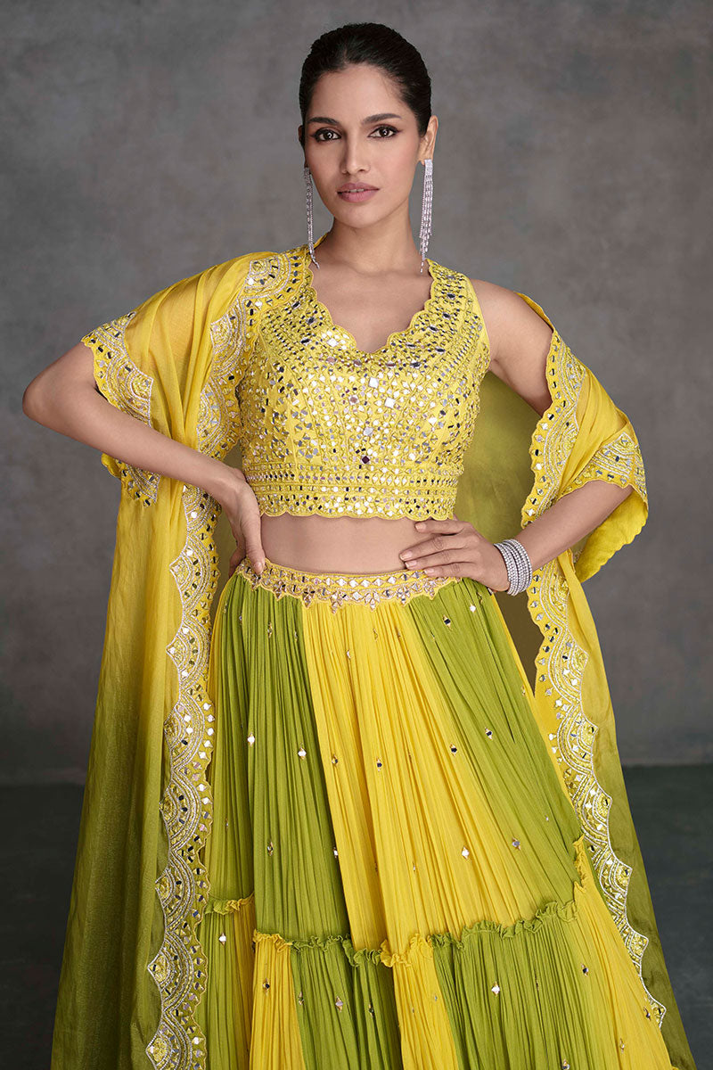 Vibrant Yellow & Olive Mirror Work Lehenga Set with Cape Dupatta LF