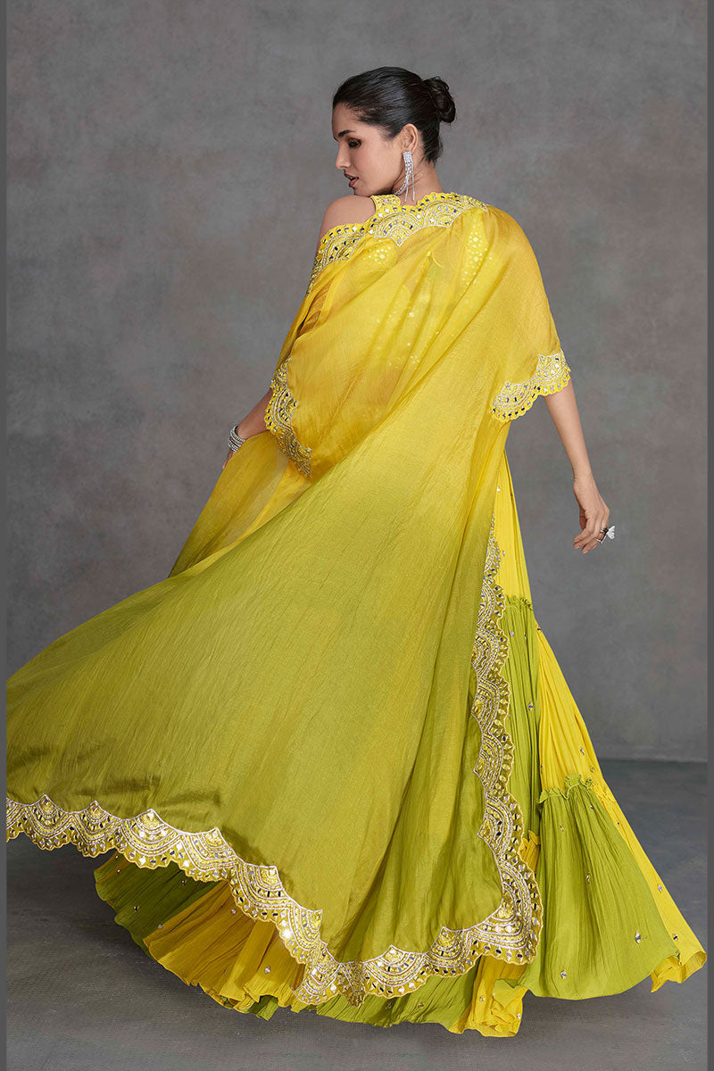 Vibrant Yellow & Olive Mirror Work Lehenga Set with Cape Dupatta LF