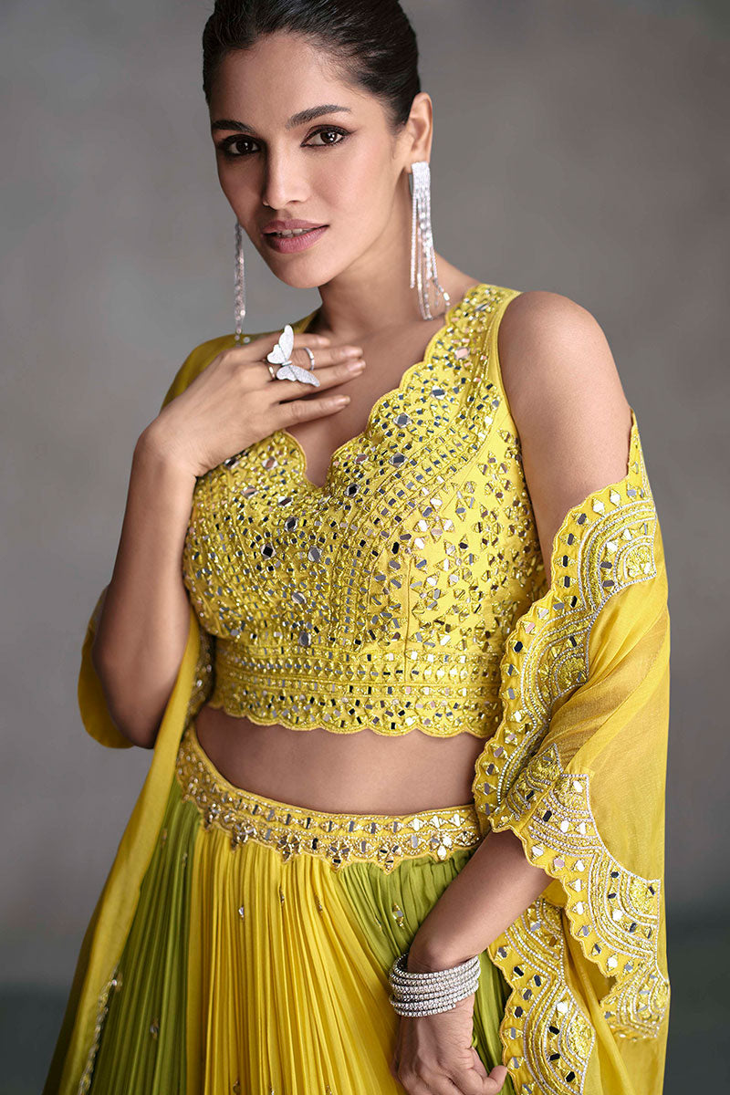 Vibrant Yellow & Olive Mirror Work Lehenga Set with Cape Dupatta LF