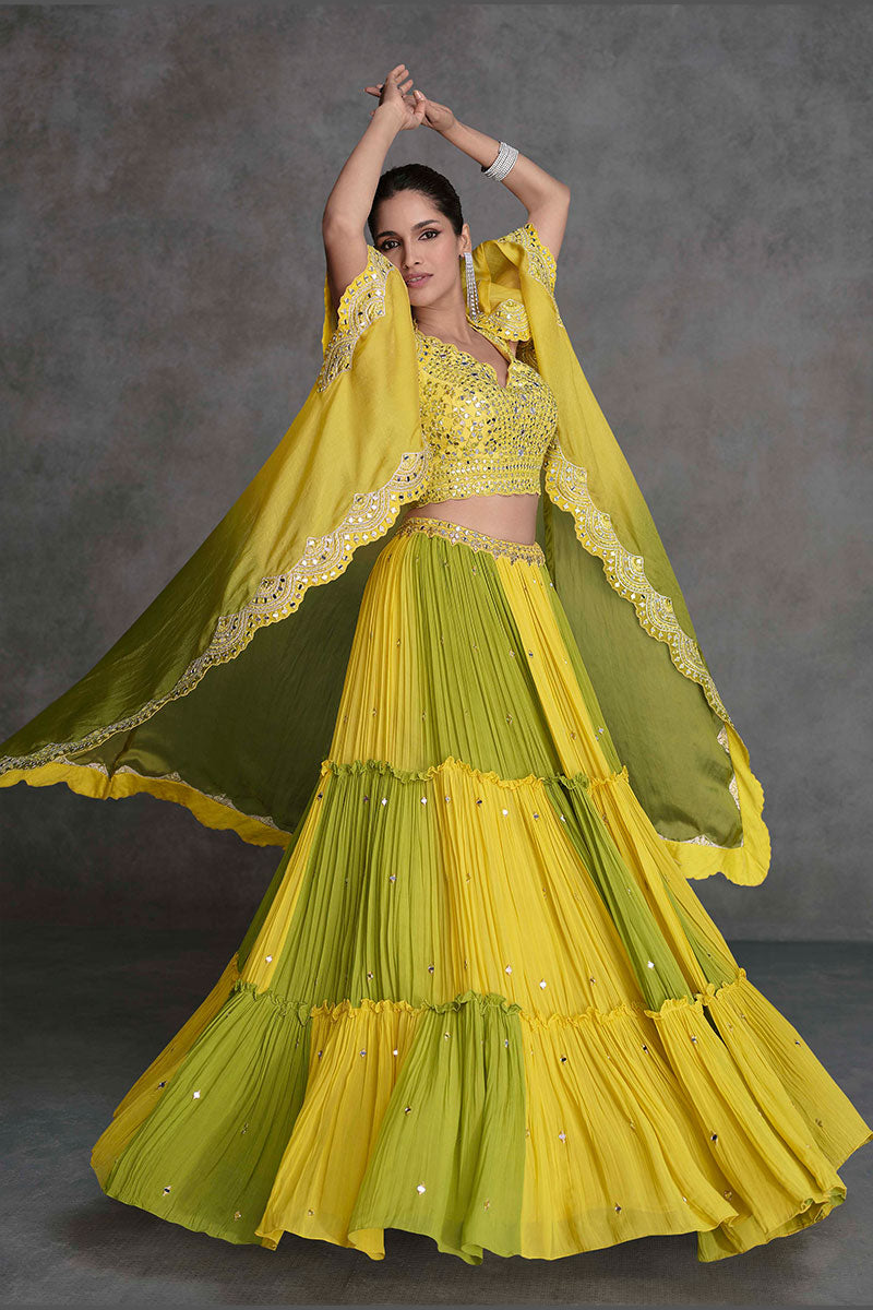 Vibrant Yellow & Olive Mirror Work Lehenga Set with Cape Dupatta LF