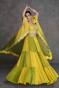 Vibrant Yellow & Olive Mirror Work Lehenga Set with Cape Dupatta LF