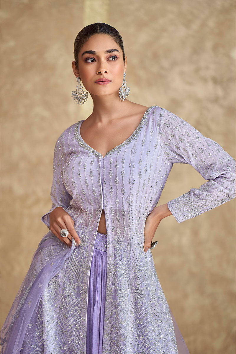 Stunning Lavender Mirror Work Lehenga Set with Cape Dupatta LF