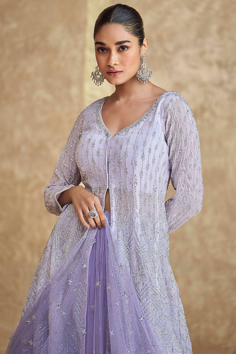 Stunning Lavender Mirror Work Lehenga Set with Cape Dupatta LF