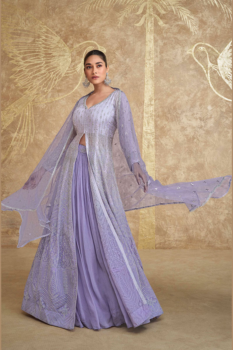 Stunning Lavender Mirror Work Lehenga Set with Cape Dupatta LF