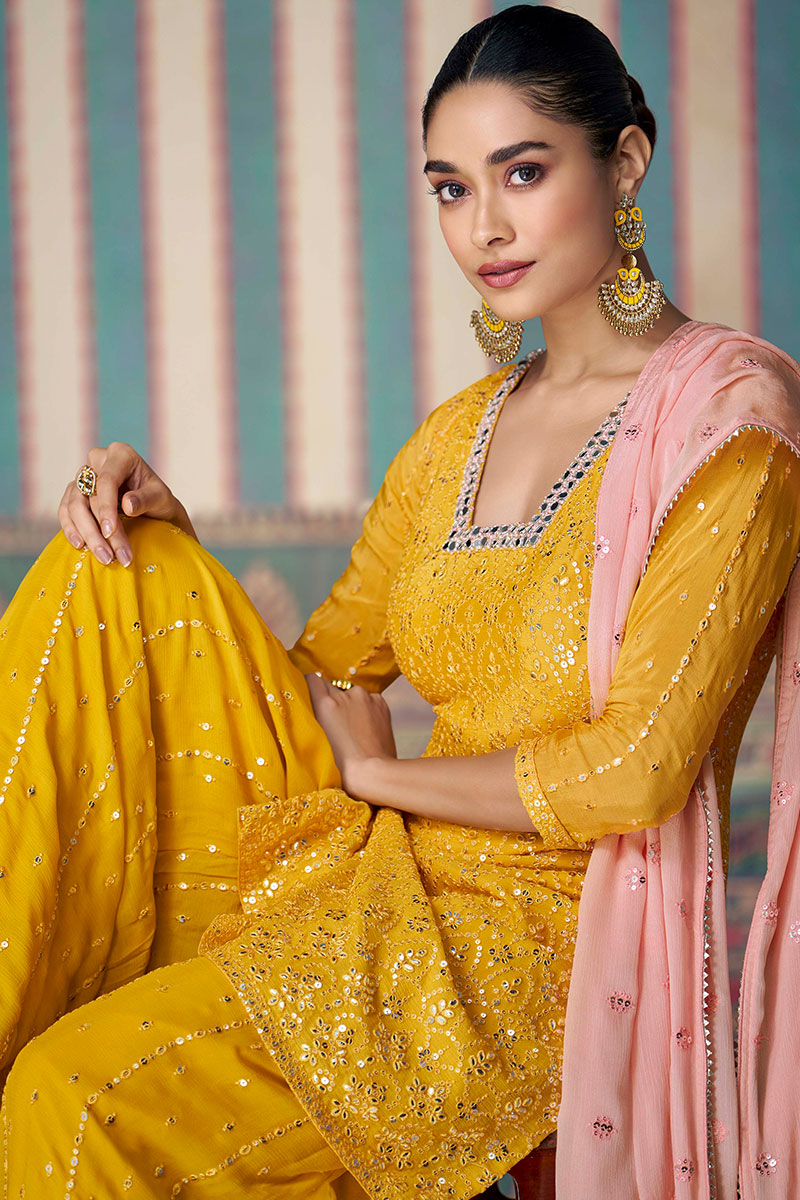 Trendy Mustard Mirror Work Lehenga Set with Pink Dupatta LF
