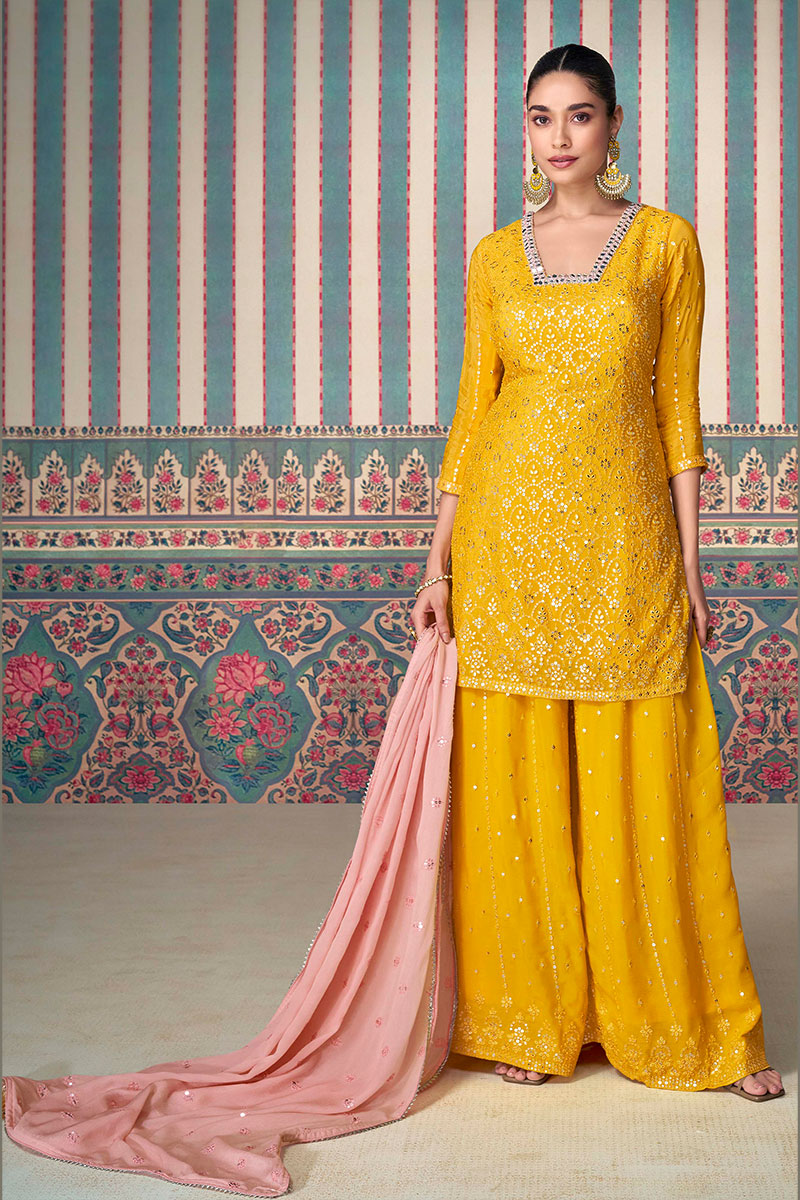 Trendy Mustard Mirror Work Lehenga Set with Pink Dupatta LF