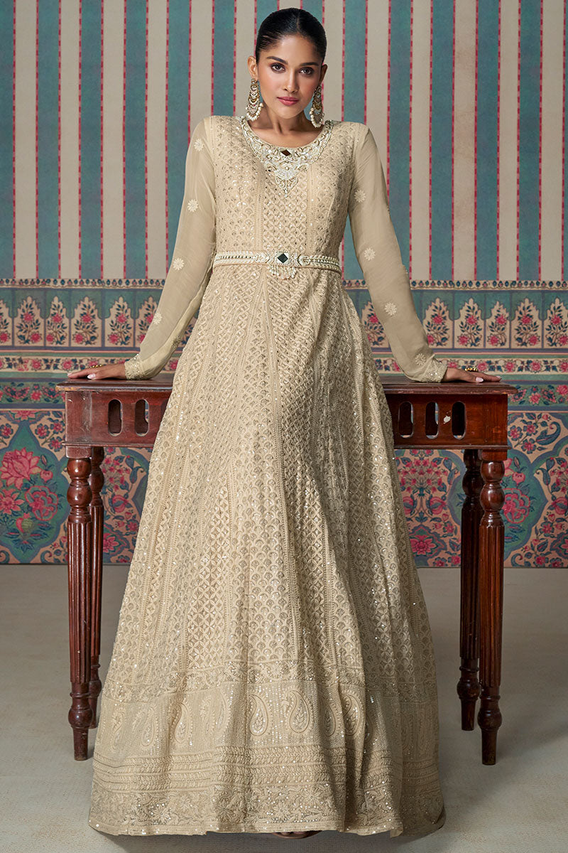 Beige Mirror Embroidered Real Georgette Anarkali – Cape Style LF