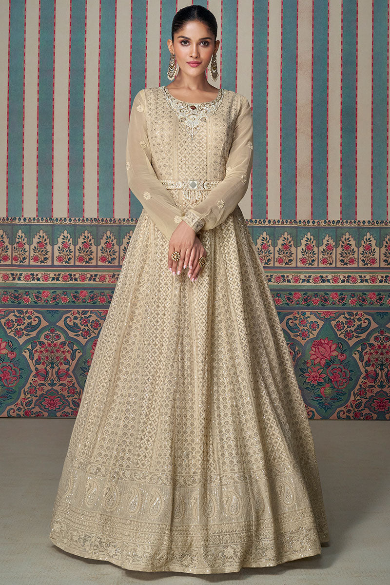 Beige Mirror Embroidered Real Georgette Anarkali – Cape Style LF