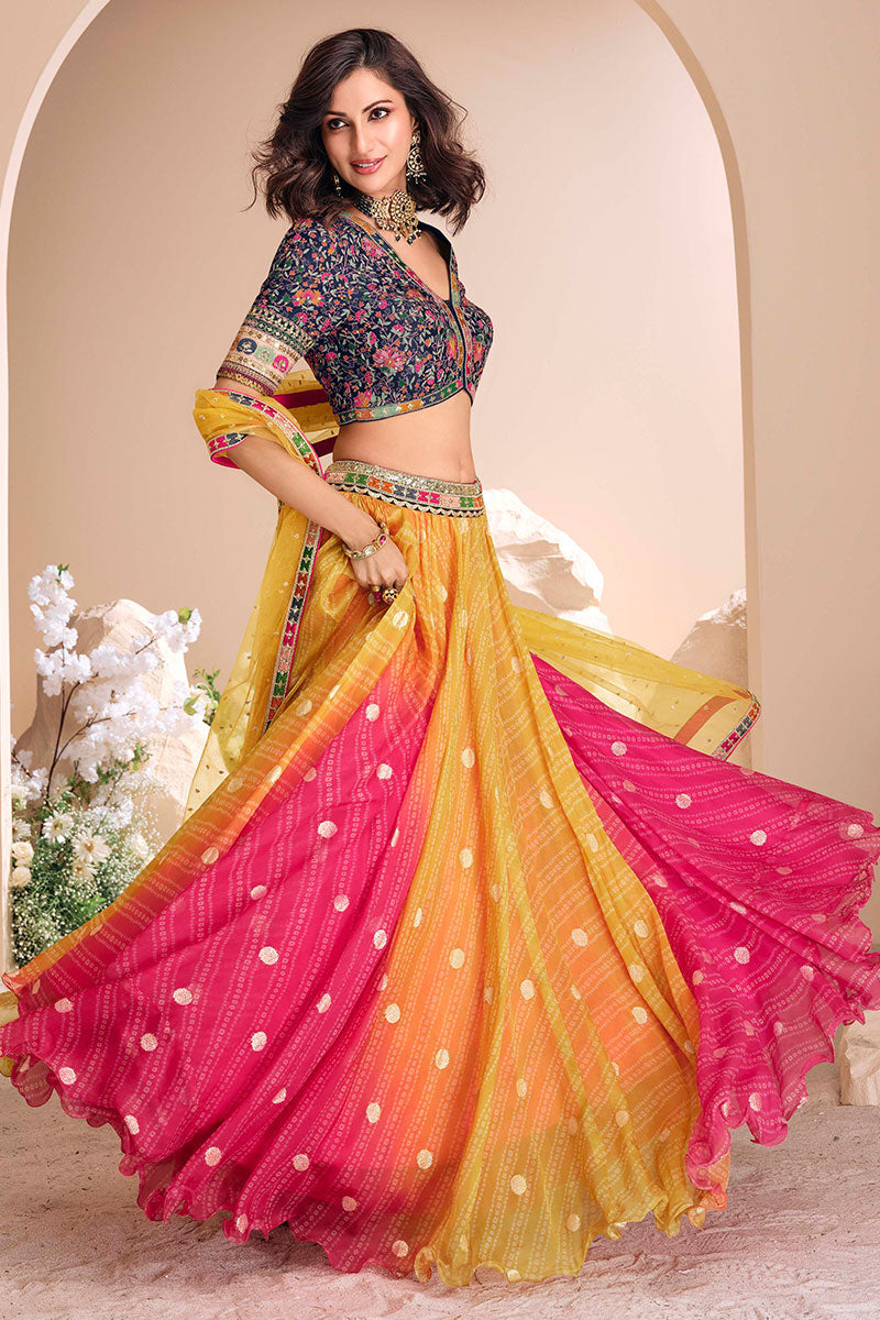 Vibrant Multicolour Bandhani Lehenga Choli with Embroidered Blouse LF