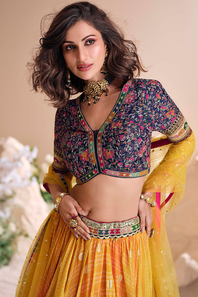 Vibrant Multicolour Bandhani Lehenga Choli with Embroidered Blouse LF