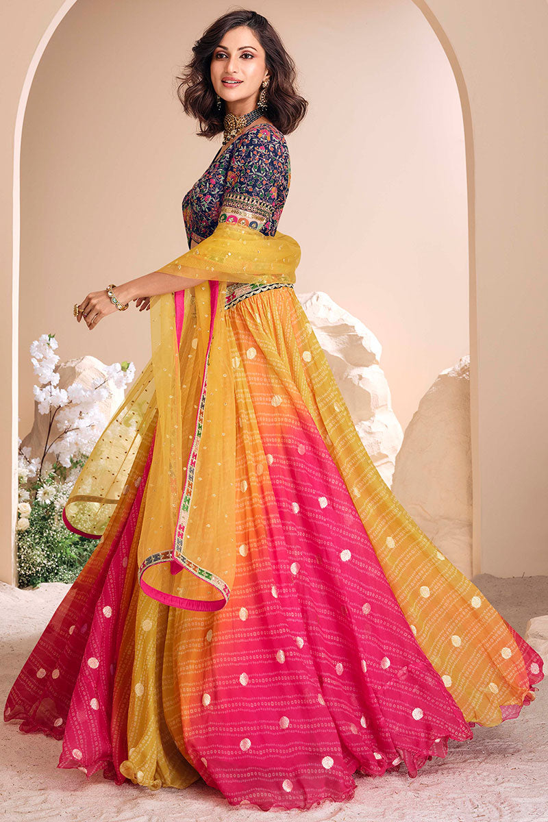 Vibrant Multicolour Bandhani Lehenga Choli with Embroidered Blouse LF