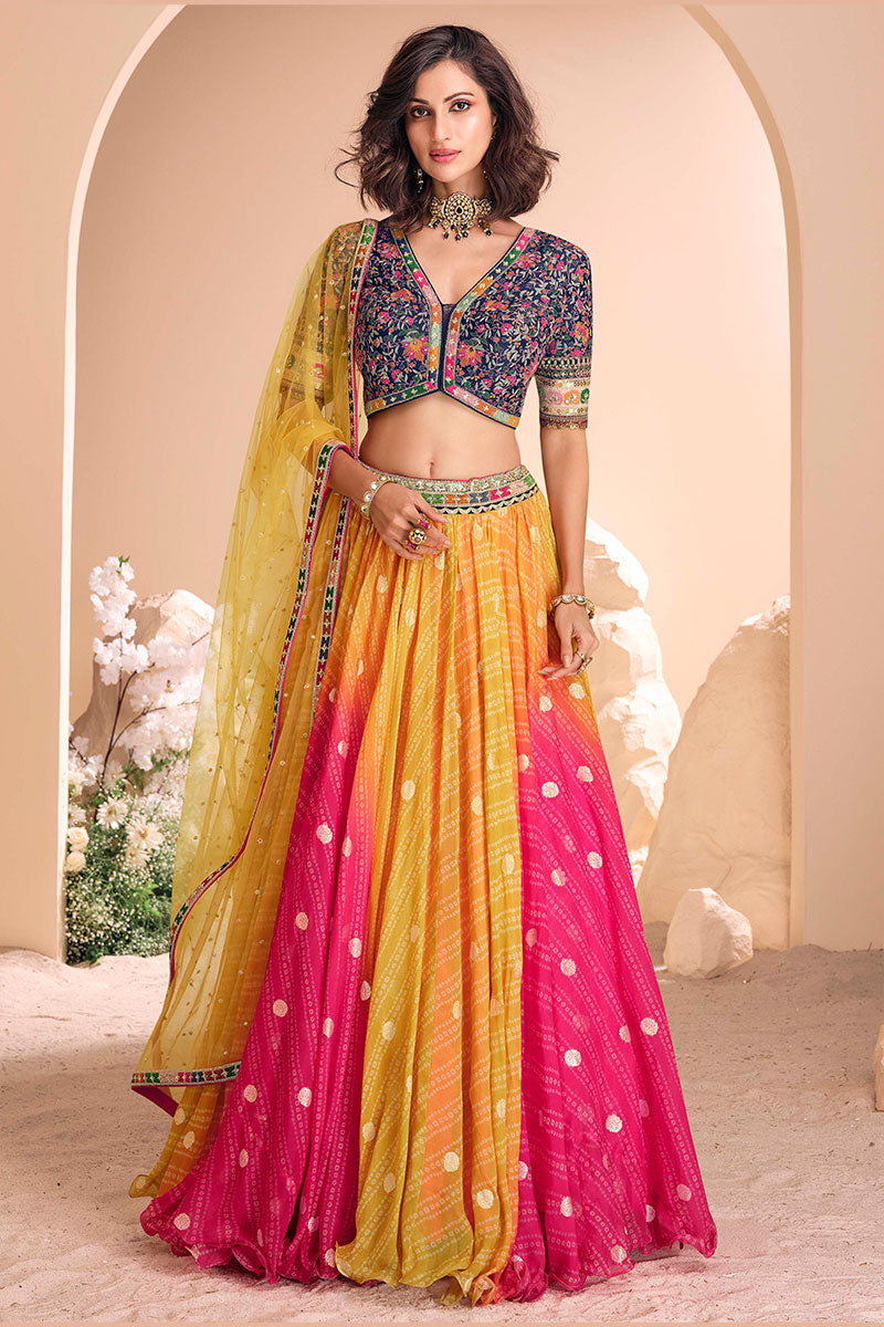 Vibrant Multicolour Bandhani Lehenga Choli with Embroidered Blouse LF