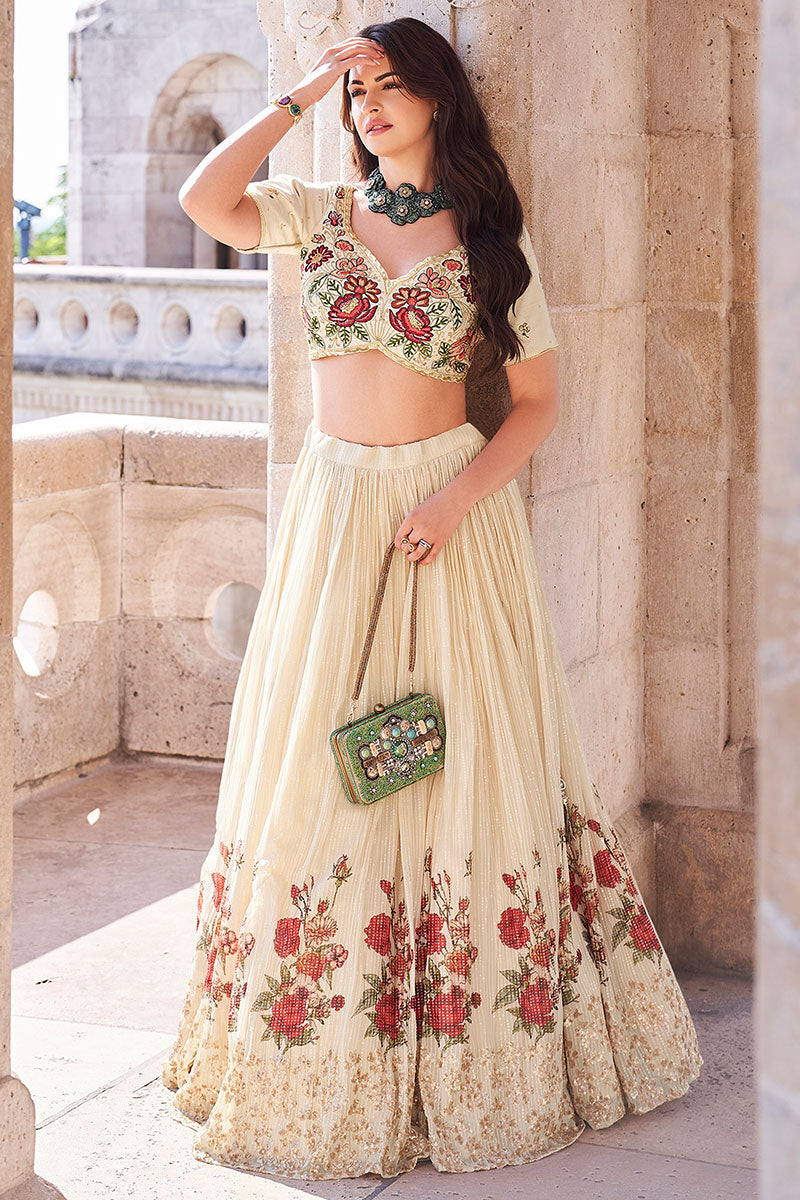 Cream Bandhani Lehenga Choli with Embroidered Blouse LF