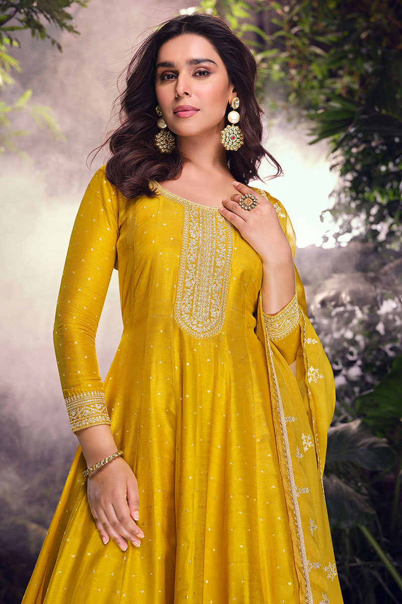 Yellow Designer Salwar set with Sequins & Embroidered Work LF