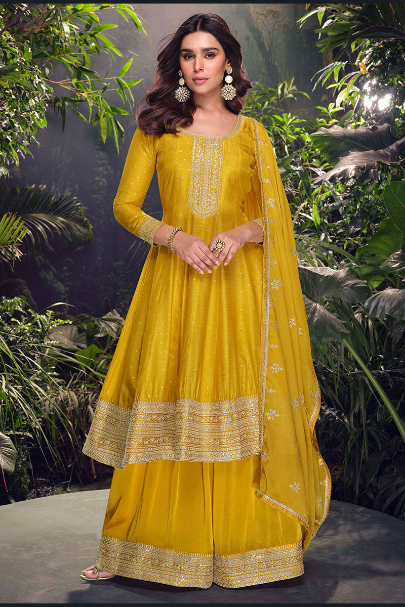 Yellow Designer Salwar set with Sequins & Embroidered Work LF