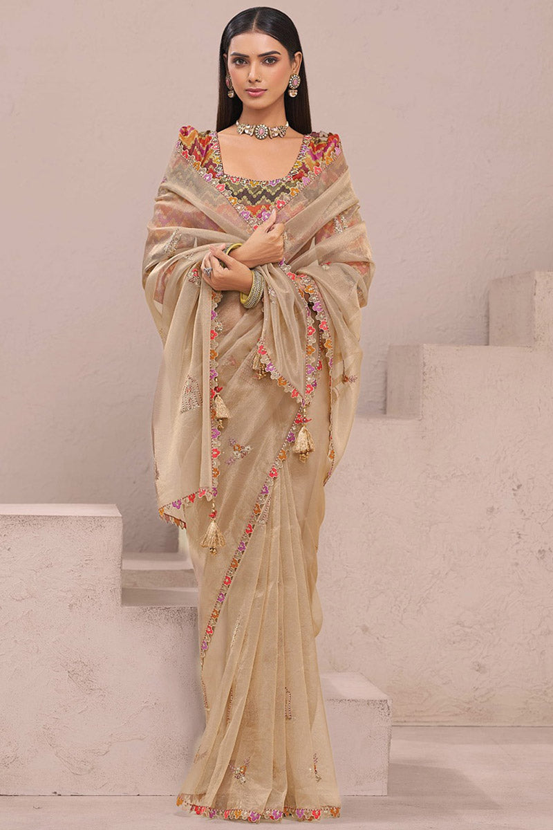 Beige Embroidered Organza Saree Set with Designer Blouse LF