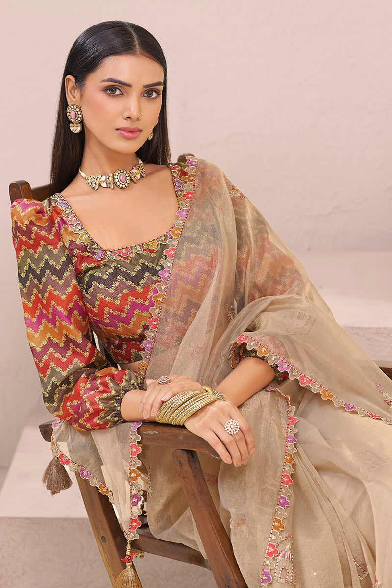 Beige Embroidered Organza Saree Set with Designer Blouse LF