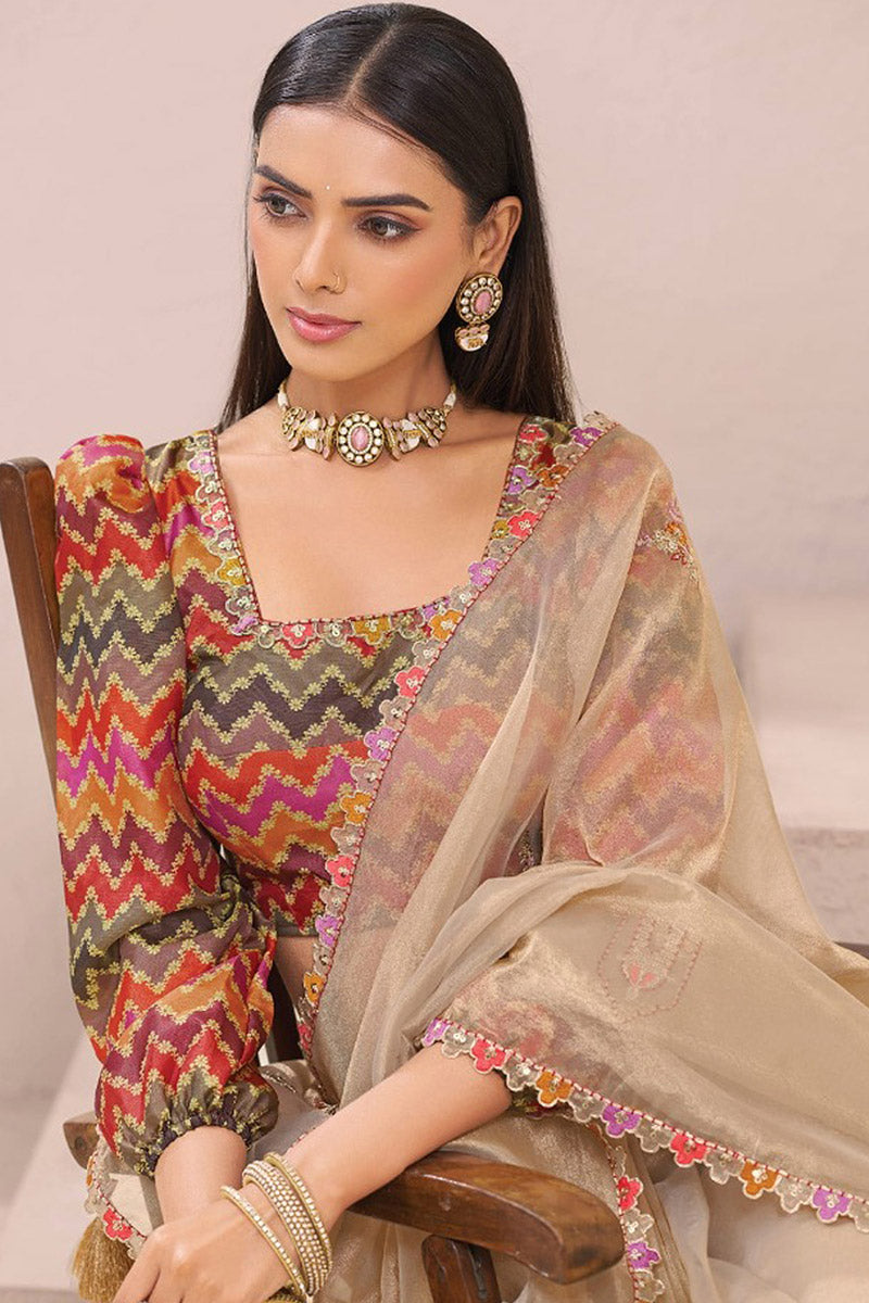 Beige Embroidered Organza Saree Set with Designer Blouse LF