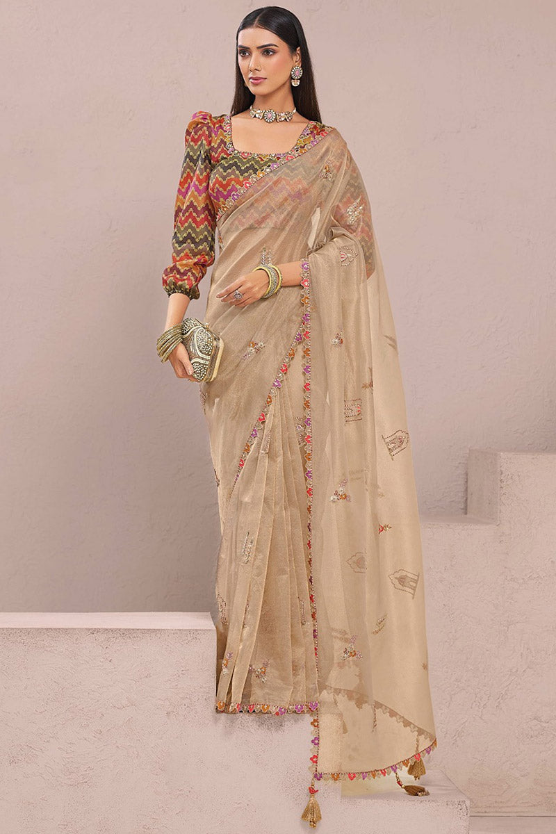 Beige Embroidered Organza Saree Set with Designer Blouse LF