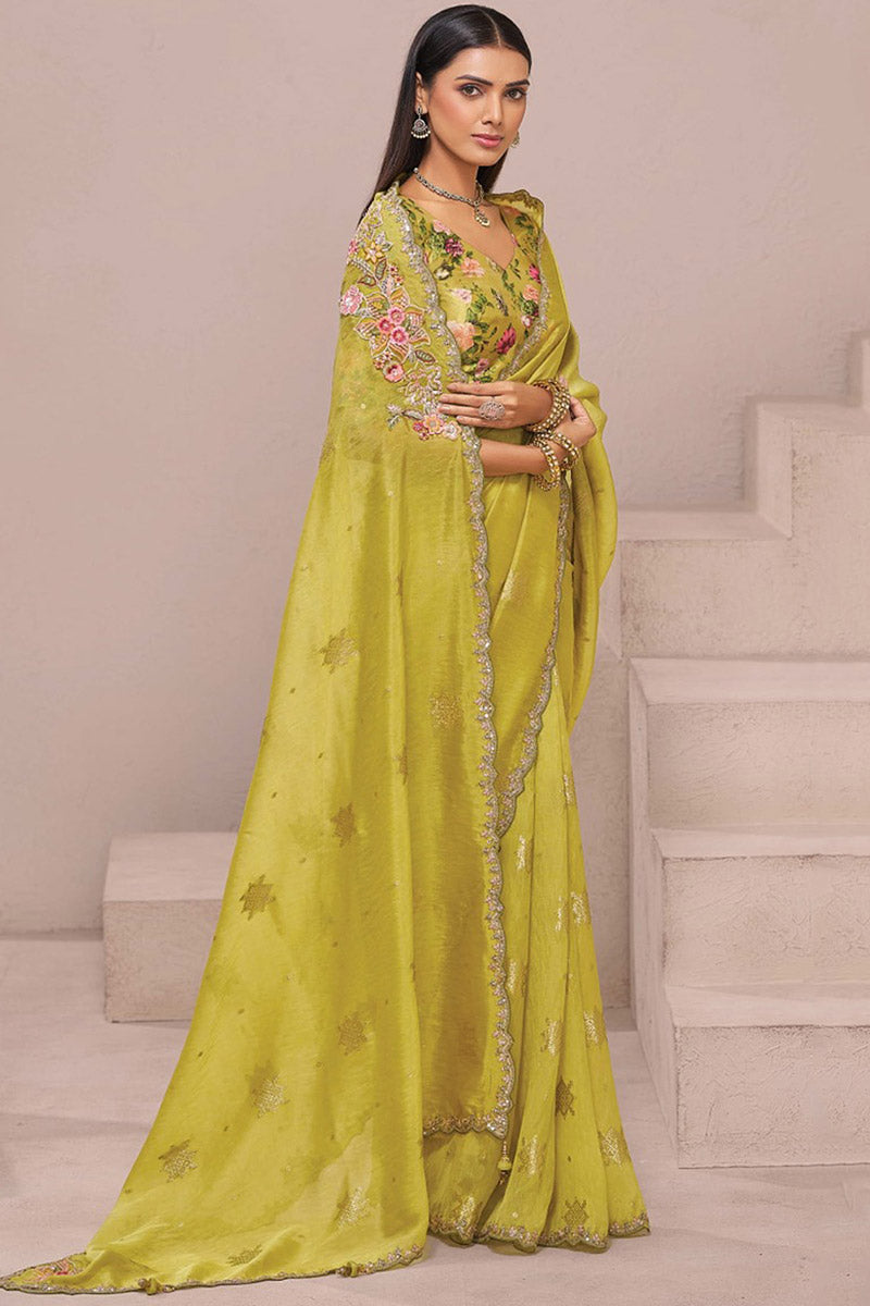 Mustard Organza Saree with Detailed Mirror Work & Floral Blouse LF