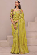 Mustard Organza Saree with Detailed Mirror Work & Floral Blouse LF