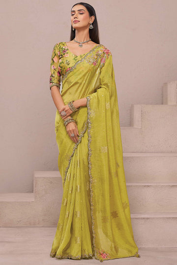 Mustard Organza Saree with Detailed Mirror Work & Floral Blouse LF