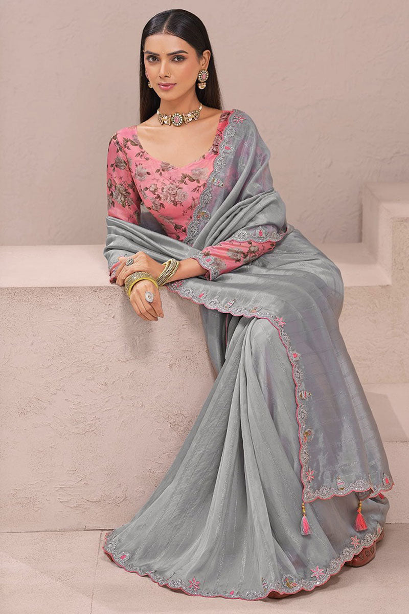 Grey Organza Saree for Weddings & Parties – Embroidered Blouse LF