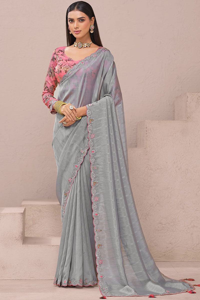Grey Organza Saree for Weddings & Parties – Embroidered Blouse LF