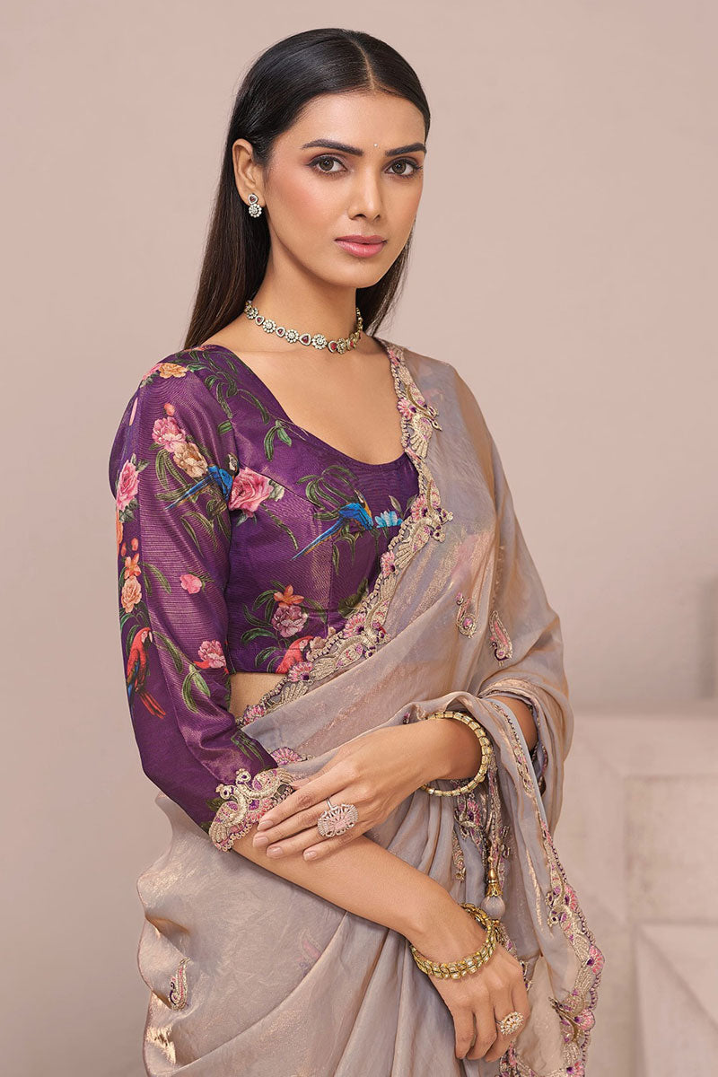 Buy Golden Organza Saree Online UK – Embroidered Floral Blouse Included LF