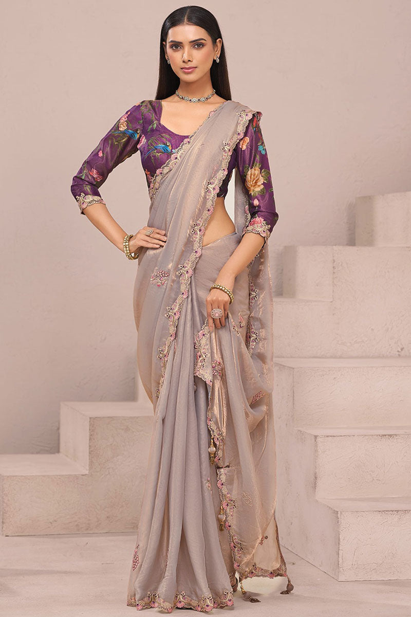 Buy Golden Organza Saree Online UK – Embroidered Floral Blouse Included LF