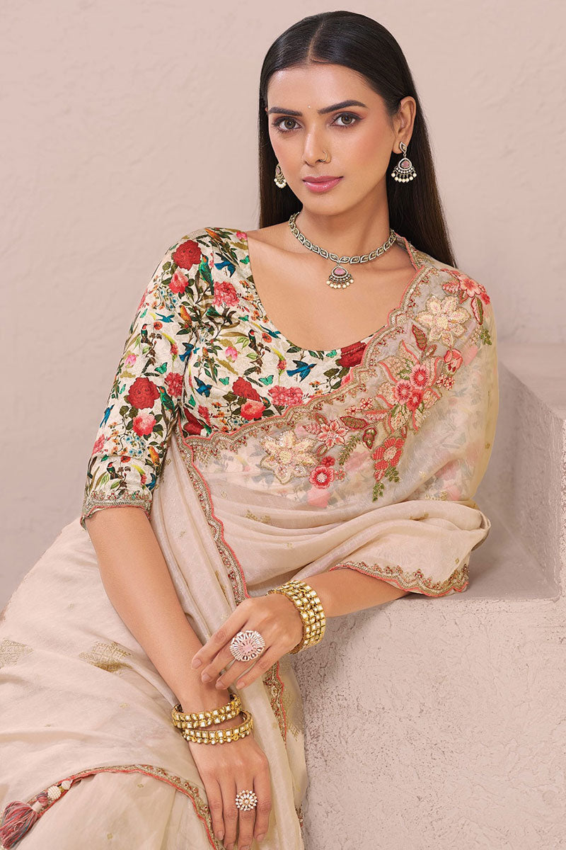 Cream Elegance – Fancy Saree with Luxe printed work Blouse LF