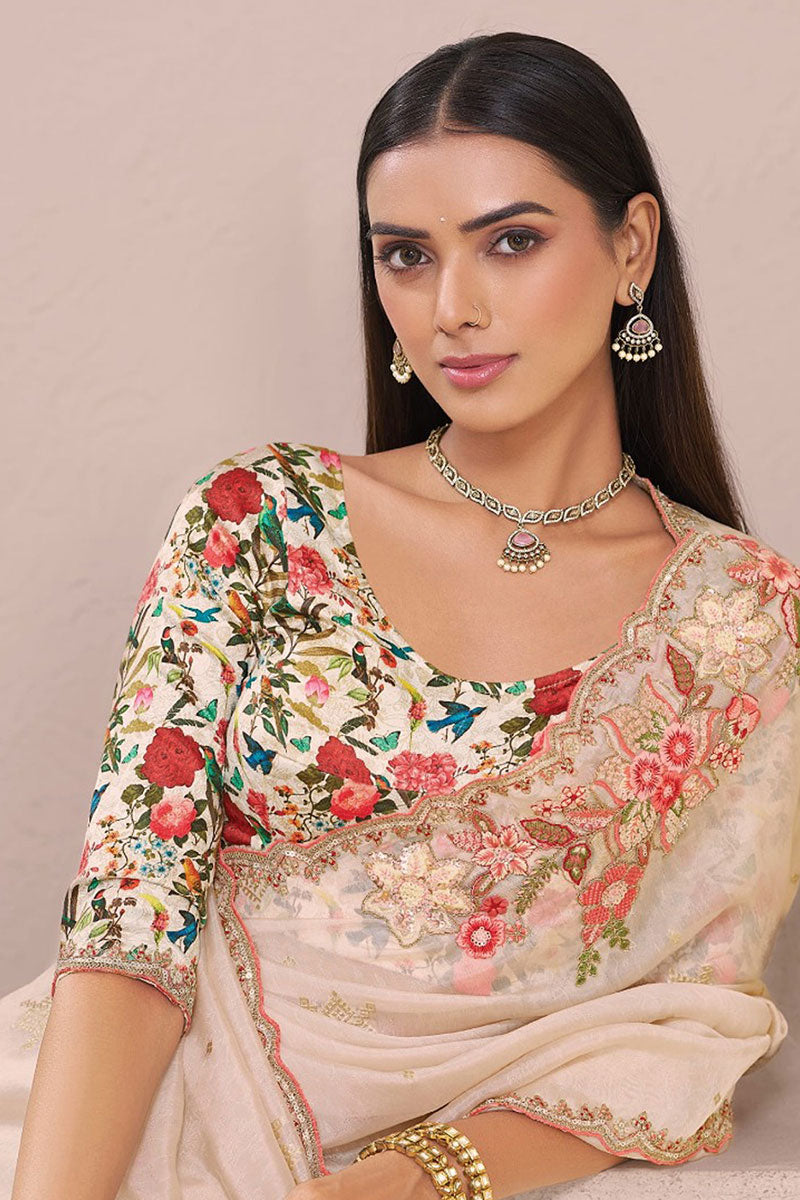 Cream Elegance – Fancy Saree with Luxe printed work Blouse LF
