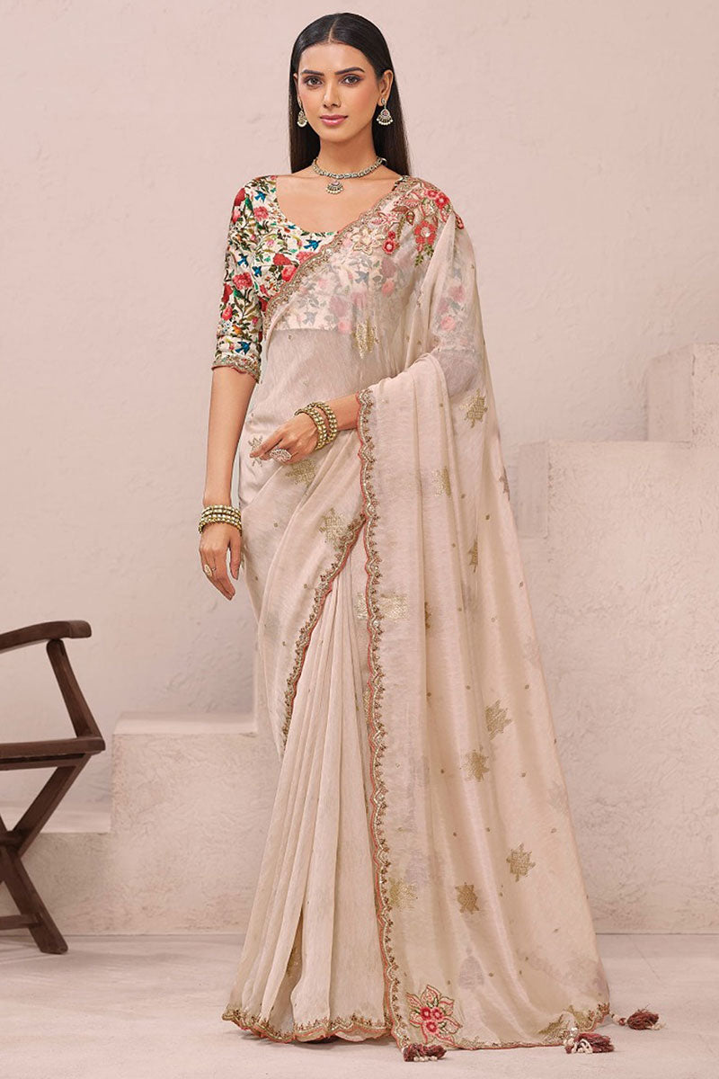 Cream Elegance – Fancy Saree with Luxe printed work Blouse LF
