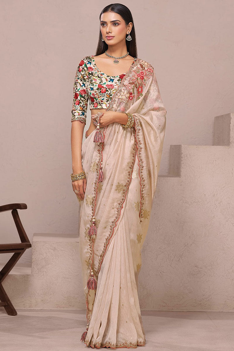 Cream Elegance – Fancy Saree with Luxe printed work Blouse LF