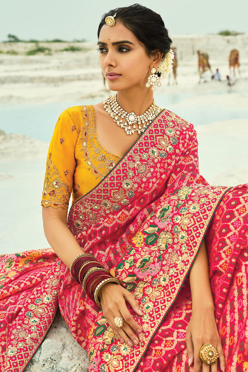 Vibrant Red & Mustard Patola Hand Work Zari Border – Wedding & Festive Wear LF