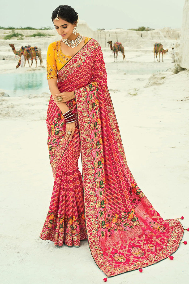 Vibrant Red & Mustard Patola Hand Work Zari Border – Wedding & Festive Wear LF