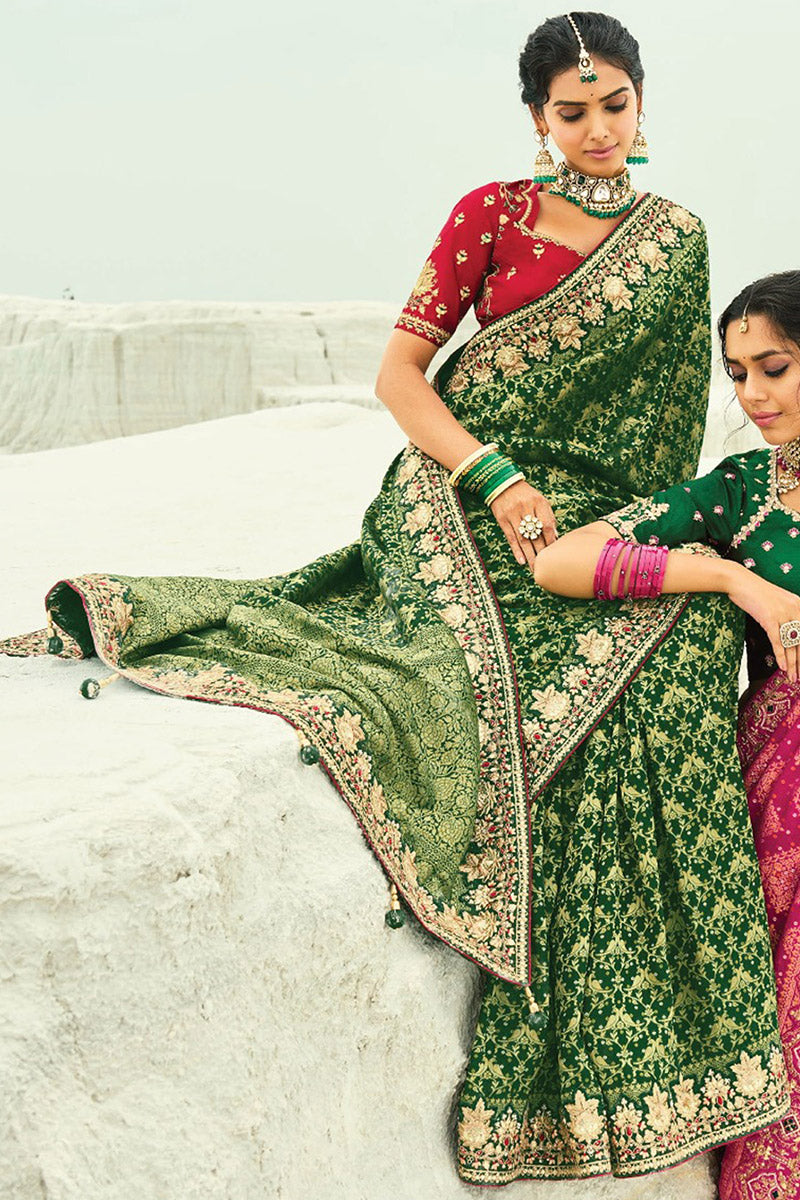 Green & Red Statement Saree with Patola Motifs & Zari Embellished Border LF