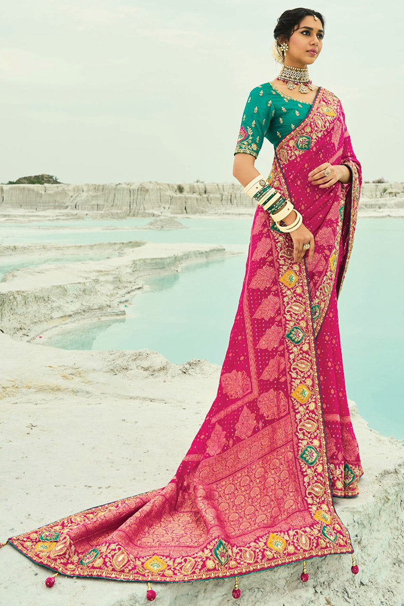 Rani Pink Festive Ready Patola Saree with Golden Floral Accents LF