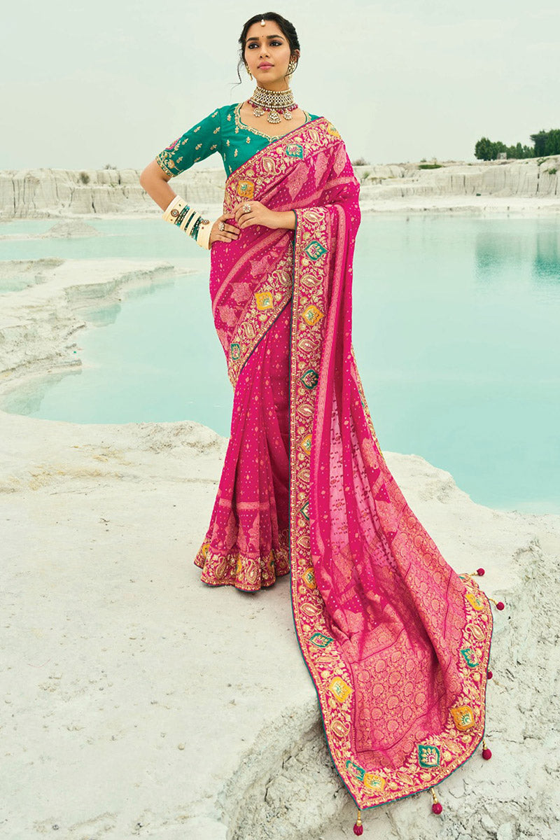 Rani Pink Festive Ready Patola Saree with Golden Floral Accents LF