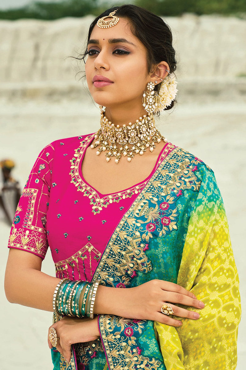 Wedding Wear Patola Print Saree in Yellow & Rama with Zari Work LF