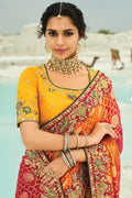 Red, Mustard & Orange Bridal Guest Saree with Floral Zari Embroidery LF