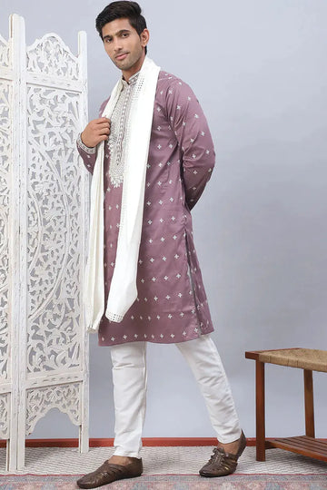 Magenta Cotton Silk Sequins Embroidered Kurta Pajama Dupatta Set - Traditional Wear VA