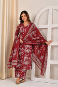 Maroon Floral Printed Cotton Kurta Set with Print Dupatta KSF