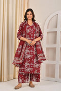 Maroon Floral Printed Cotton Kurta Set with Print Dupatta KSF
