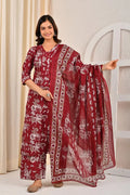 Maroon Floral Printed Cotton Kurta Set with Print Dupatta KSF